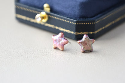 Star Baroque White Freshwater Pearl Stud Earrings Cute Star Shape