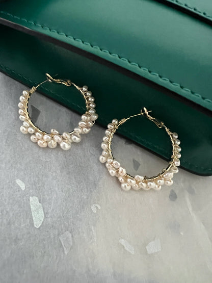 Handmade Freshwater Pearl Hoop Earrings - Crafted with Brass