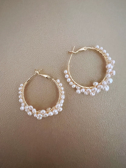 Handmade Freshwater Pearl Hoop Earrings - Crafted with Brass