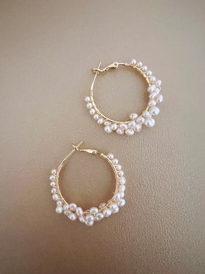 Handmade Freshwater Pearl Hoop Earrings - Crafted with Brass