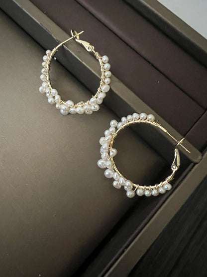Handmade Freshwater Pearl Hoop Earrings - Crafted with Brass