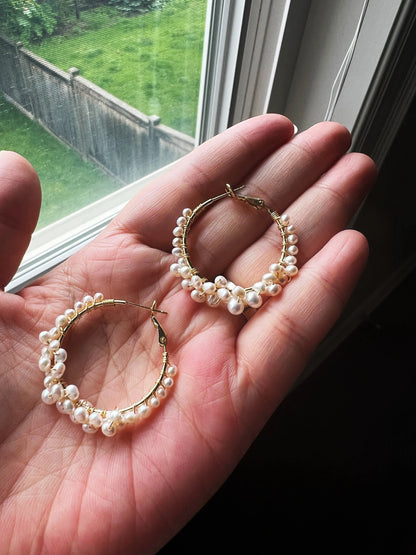 Handmade Freshwater Pearl Hoop Earrings - Crafted with Brass
