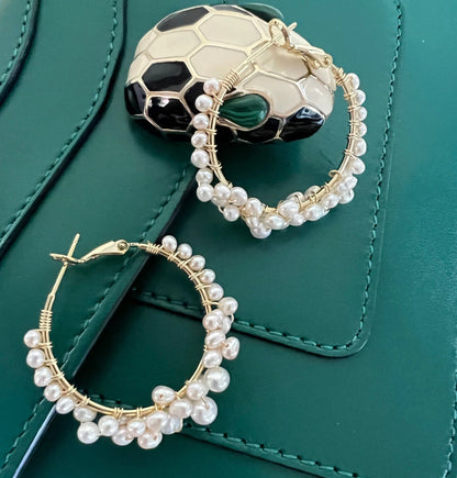Handmade Freshwater Pearl Hoop Earrings - Crafted with Brass