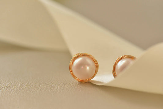 Gold Plated Wire Wrapped Pearl Stud Earrings - Crafted with Copper