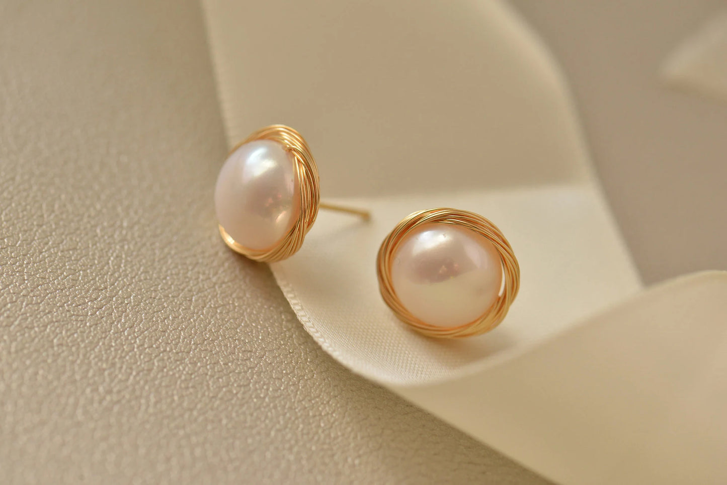 Gold Plated Wire Wrapped Pearl Stud Earrings - Crafted with Copper