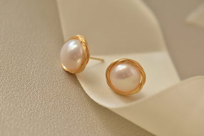 Gold Plated Wire Wrapped Pearl Stud Earrings - Crafted with Copper
