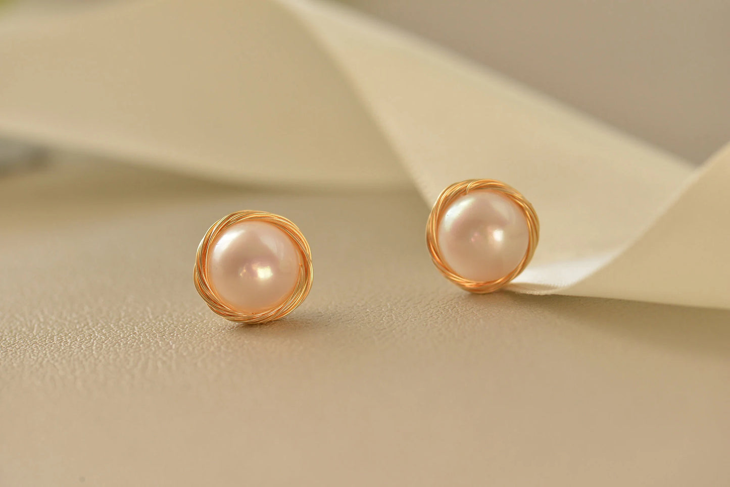 Gold Plated Wire Wrapped Pearl Stud Earrings - Crafted with Copper