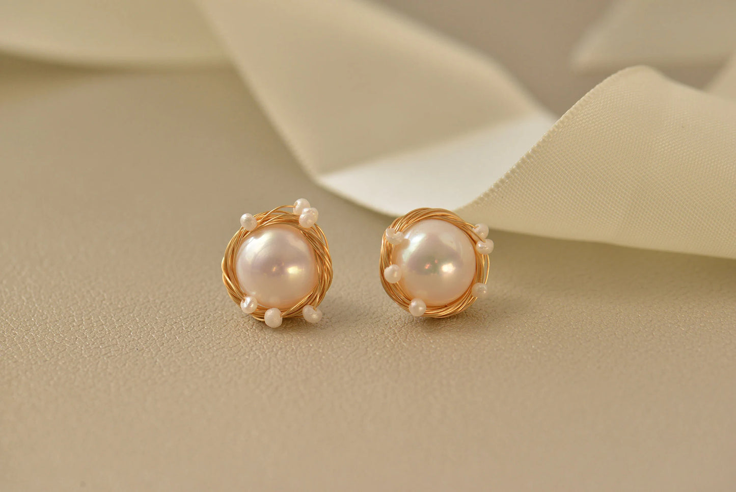 Gold Plated Wire Wrapped Pearl Stud Earrings - Crafted with Copper