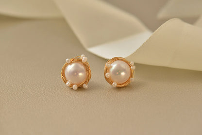 Gold Plated Wire Wrapped Pearl Stud Earrings - Crafted with Copper