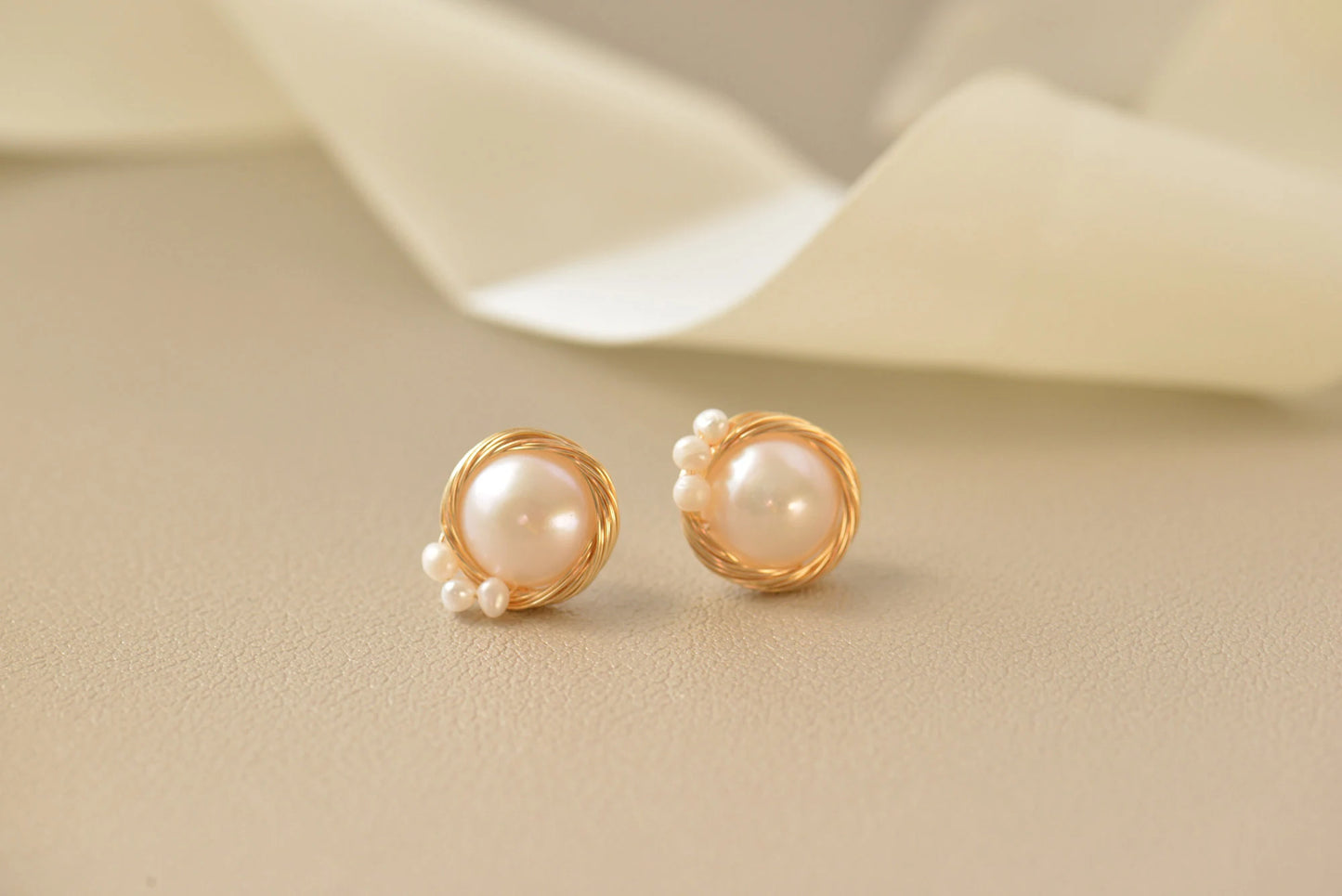 Gold Plated Wire Wrapped Pearl Stud Earrings - Crafted with Copper