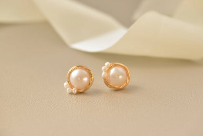 Gold Plated Wire Wrapped Pearl Stud Earrings - Crafted with Copper