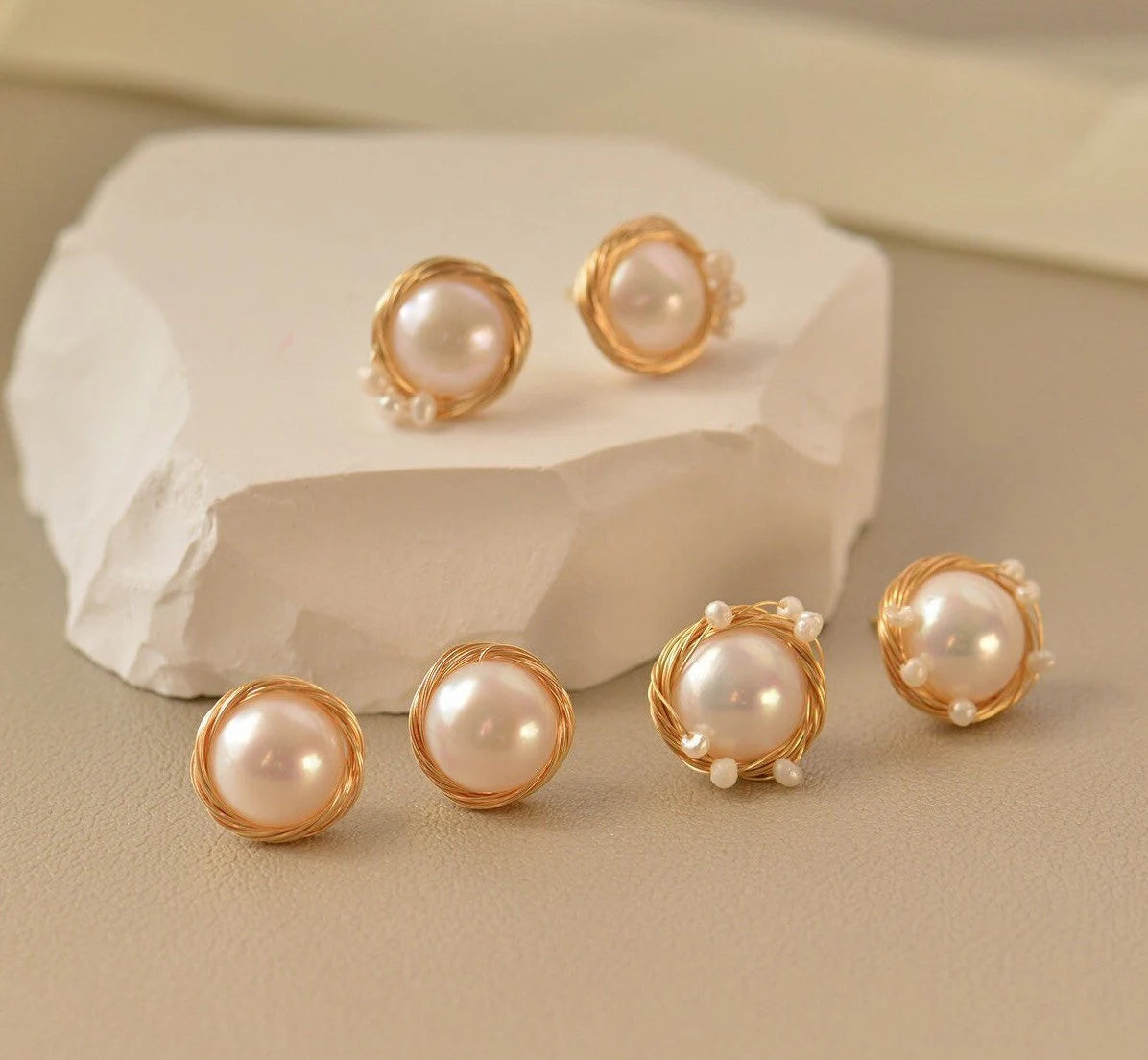 Gold Plated Wire Wrapped Pearl Stud Earrings - Crafted with Copper