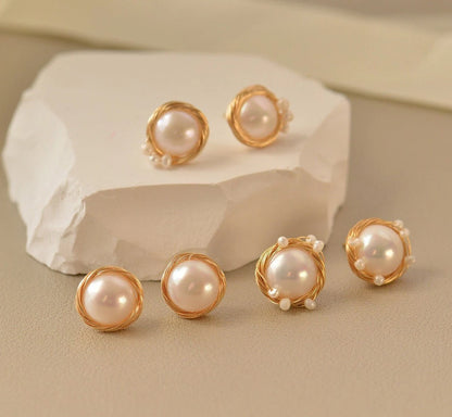 Gold Plated Wire Wrapped Pearl Stud Earrings - Crafted with Copper