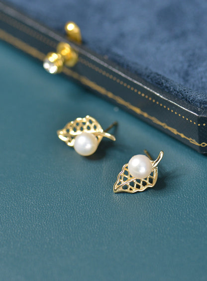 Gold Plated Sterling Silver Pearl Leaf Studs