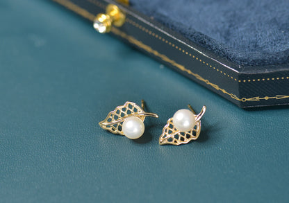 Gold Plated Sterling Silver Pearl Leaf Studs