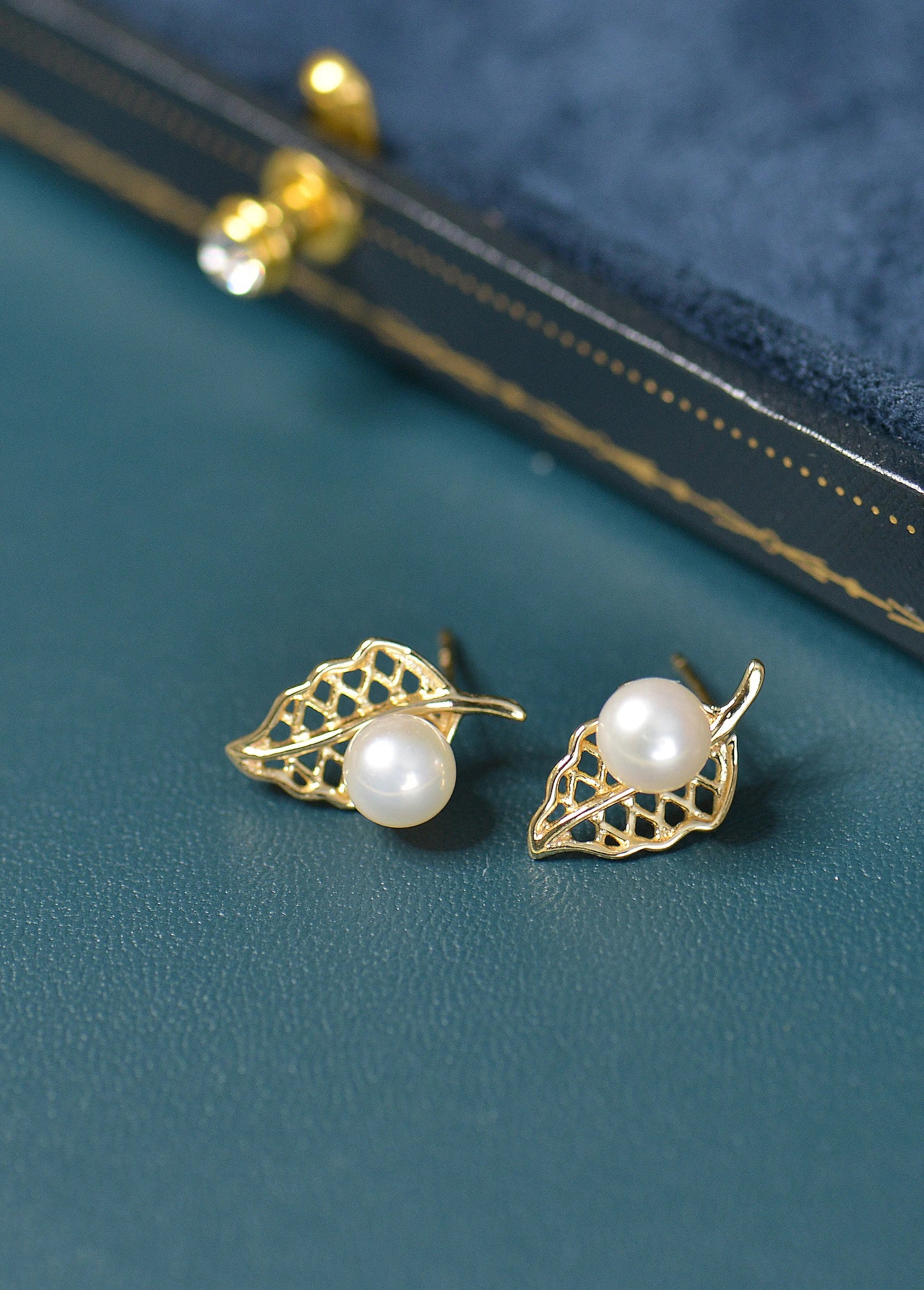 Gold Plated Sterling Silver Pearl Leaf Studs