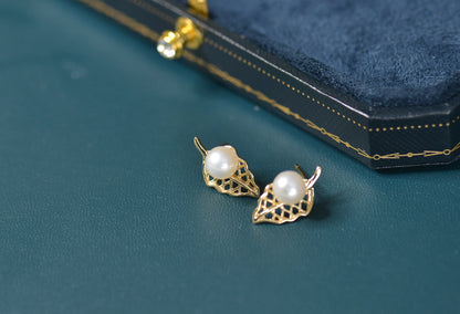 Gold Plated Sterling Silver Pearl Leaf Studs