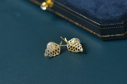 Gold Plated Sterling Silver Pearl Leaf Studs