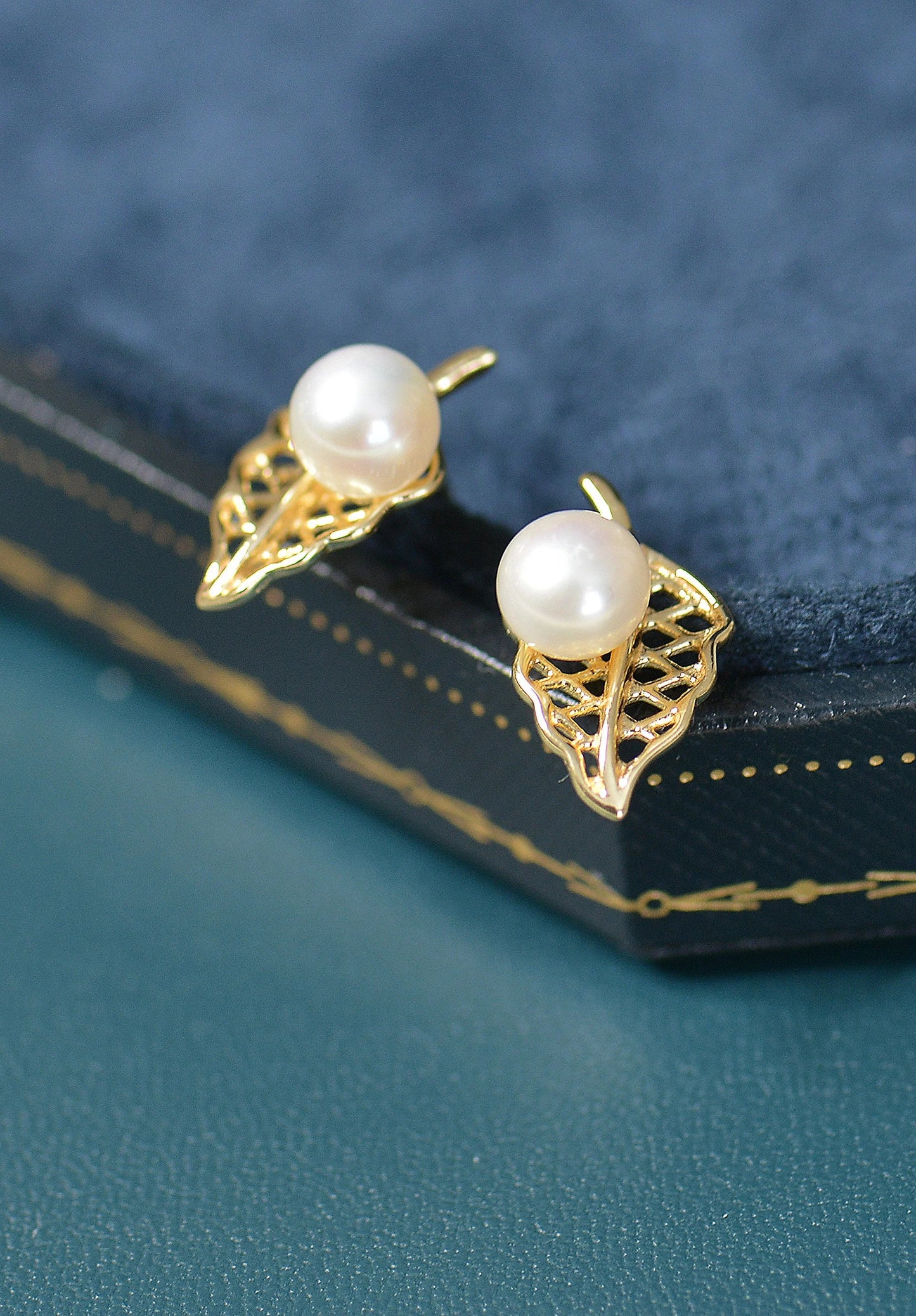 Gold Plated Sterling Silver Pearl Leaf Studs