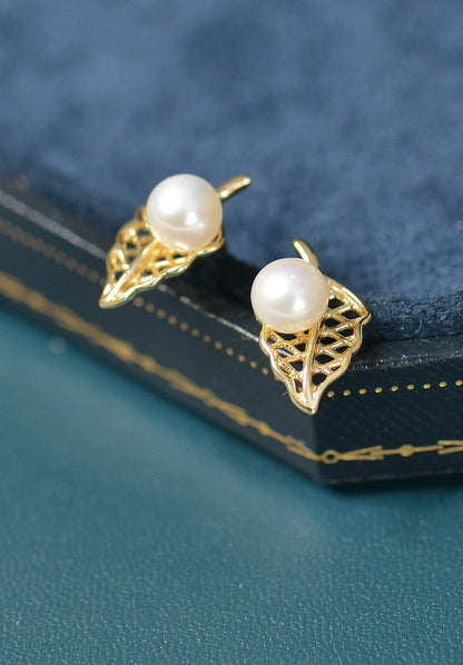 Gold Plated Sterling Silver Pearl Leaf Studs