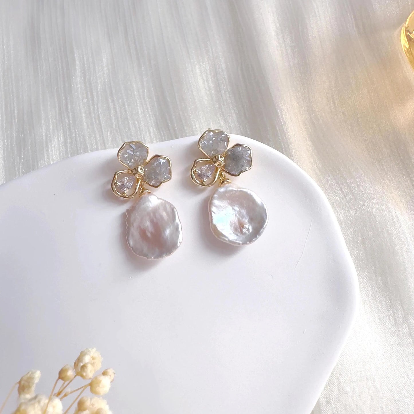 Handmade Baroque Pearl Flower Drop Earrings - Crafted with Brass