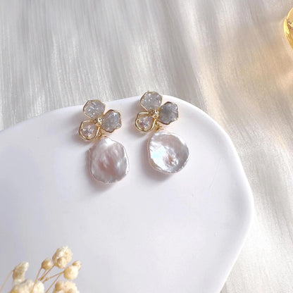 Handmade Baroque Pearl Flower Drop Earrings - Crafted with Brass