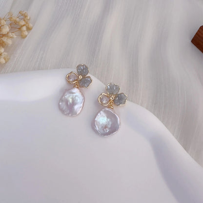 Handmade Baroque Pearl Flower Drop Earrings - Crafted with Brass