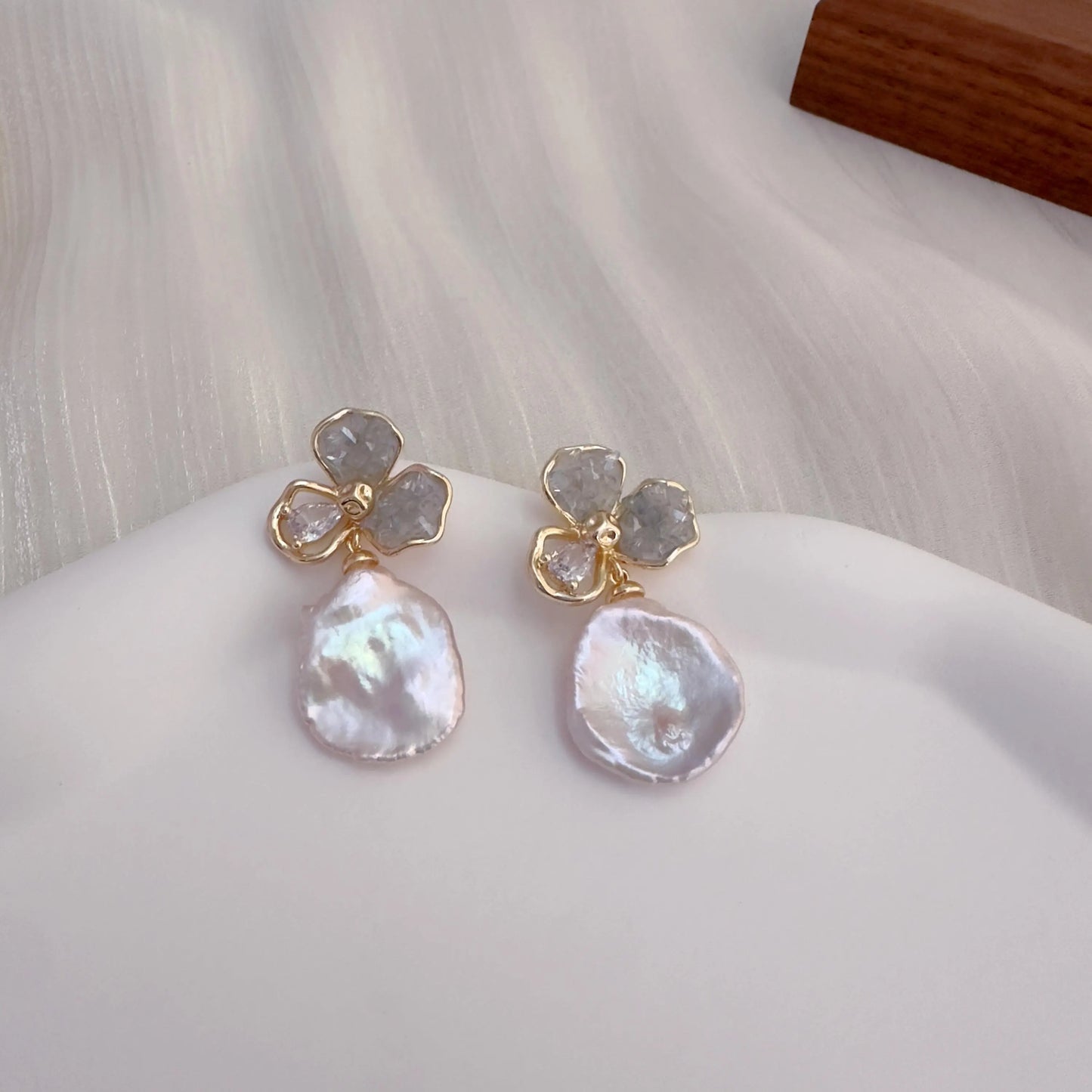 Handmade Baroque Pearl Flower Drop Earrings - Crafted with Brass