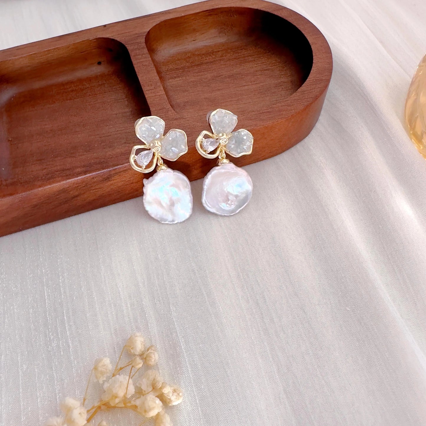Handmade Baroque Pearl Flower Drop Earrings - Crafted with Brass