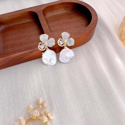 Handmade Baroque Pearl Flower Drop Earrings - Crafted with Brass