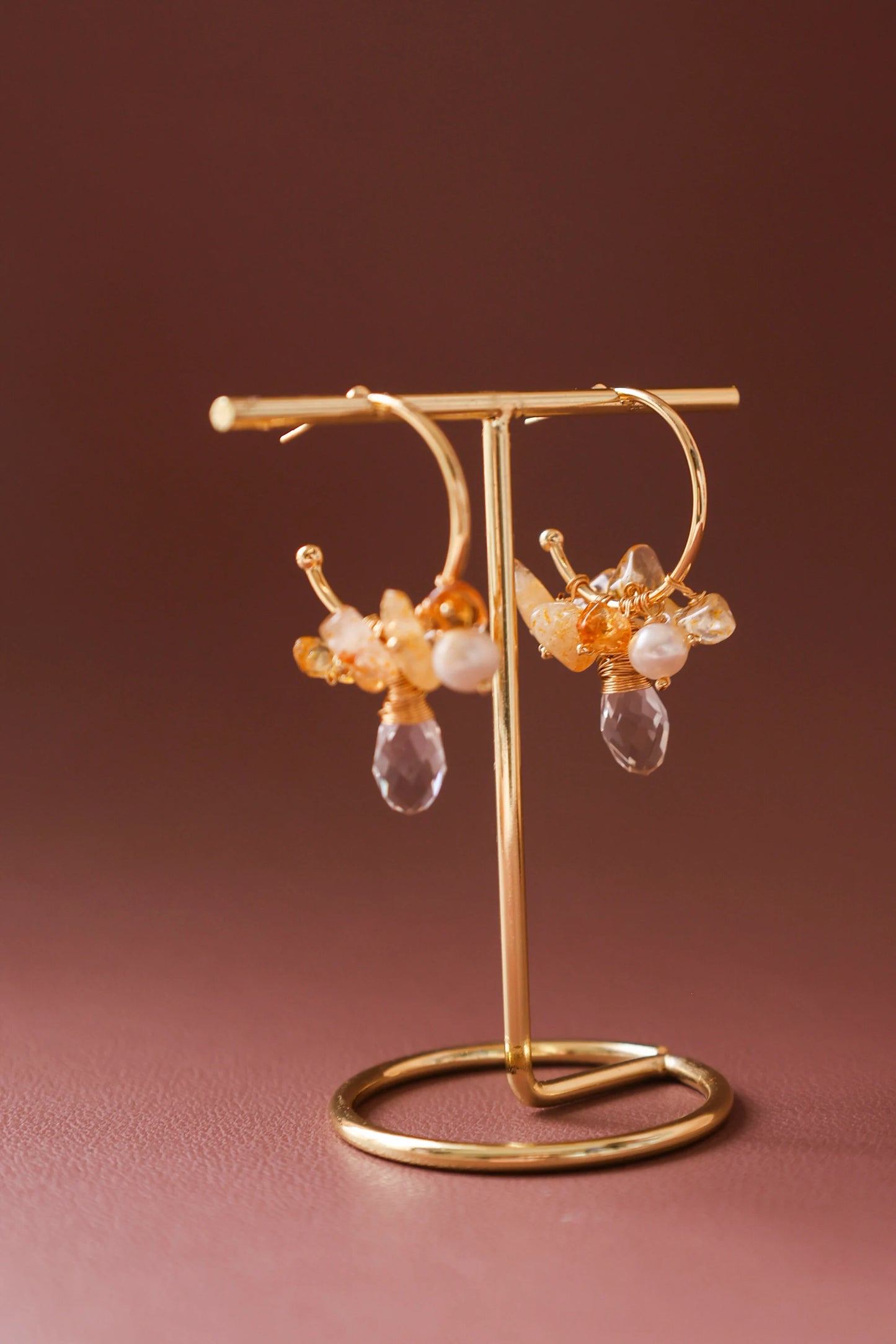 Handmade Gold Hoop Earrings - Crafted with citrine, freshwater pearl