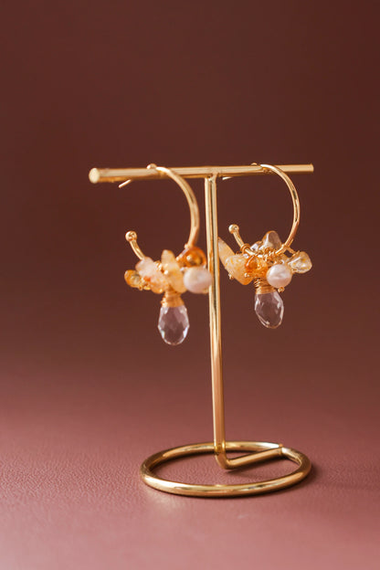 Handmade Gold Hoop Earrings - Crafted with citrine, freshwater pearl