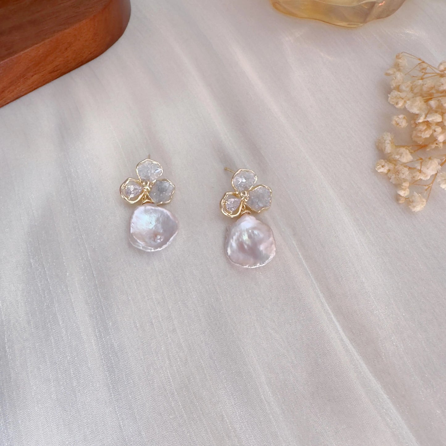 Handmade Baroque Pearl Flower Drop Earrings - Crafted with Brass