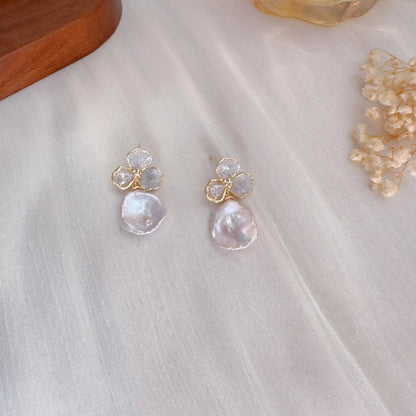 Handmade Baroque Pearl Flower Drop Earrings - Crafted with Brass