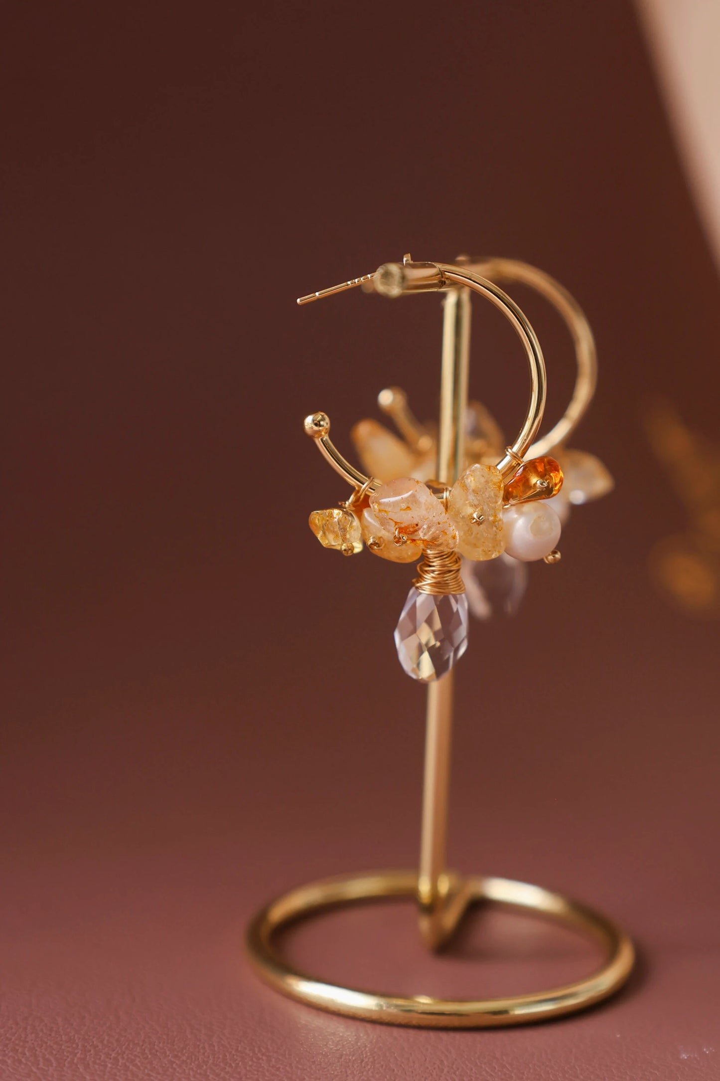 Handmade Gold Hoop Earrings - Crafted with citrine, freshwater pearl