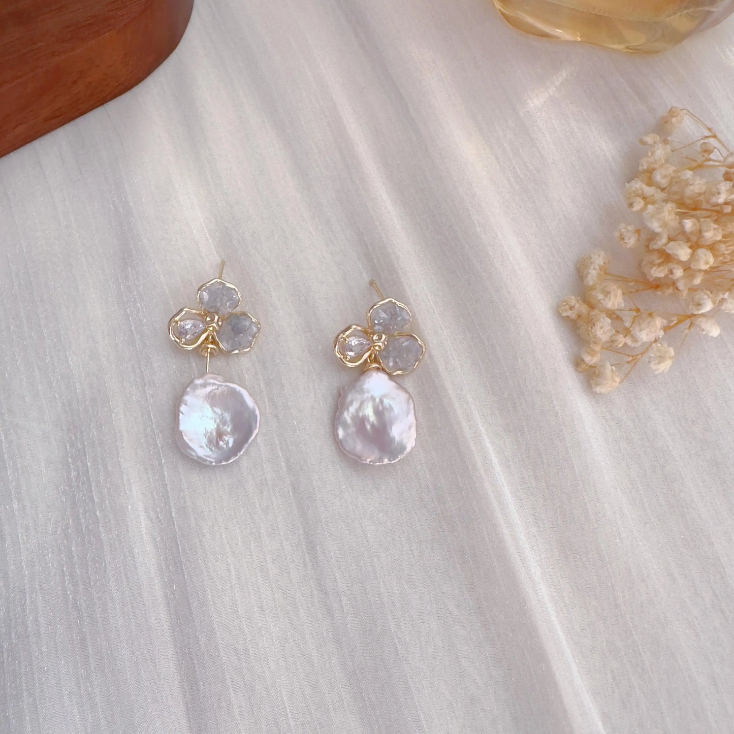 Handmade Baroque Pearl Flower Drop Earrings - Crafted with Brass