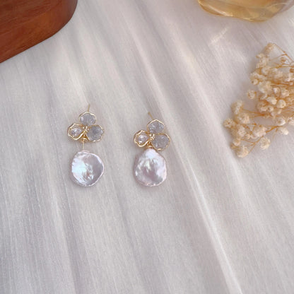 Handmade Baroque Pearl Flower Drop Earrings - Crafted with Brass