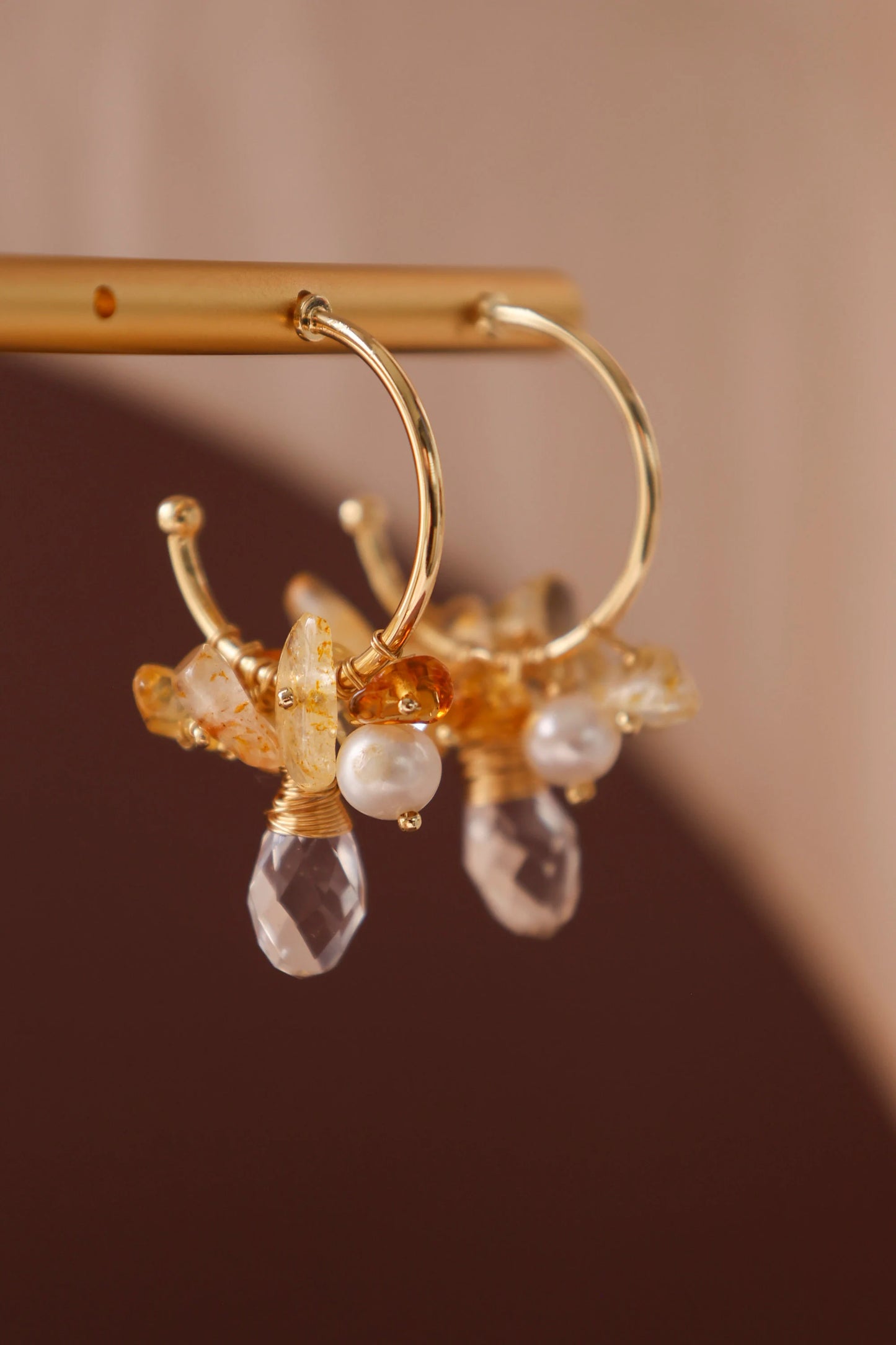 Handmade Gold Hoop Earrings - Crafted with citrine, freshwater pearl