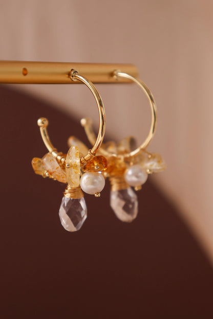 Handmade Gold Hoop Earrings - Crafted with citrine, freshwater pearl