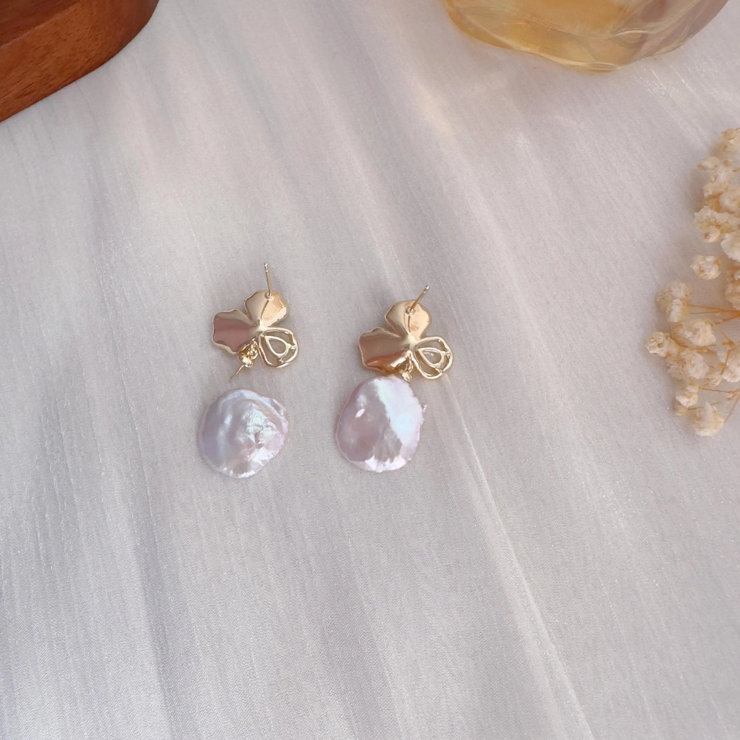 Handmade Baroque Pearl Flower Drop Earrings - Crafted with Brass