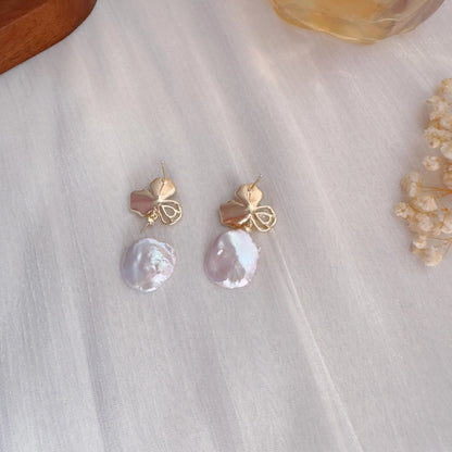 Handmade Baroque Pearl Flower Drop Earrings - Crafted with Brass