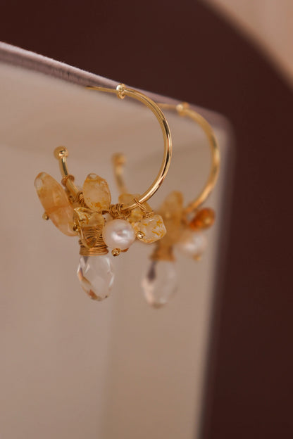 Handmade Gold Hoop Earrings - Crafted with citrine, freshwater pearl