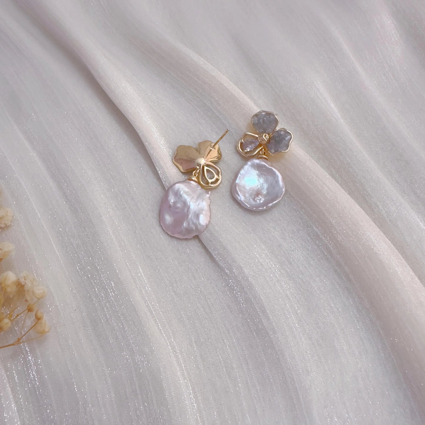 Handmade Baroque Pearl Flower Drop Earrings - Crafted with Brass