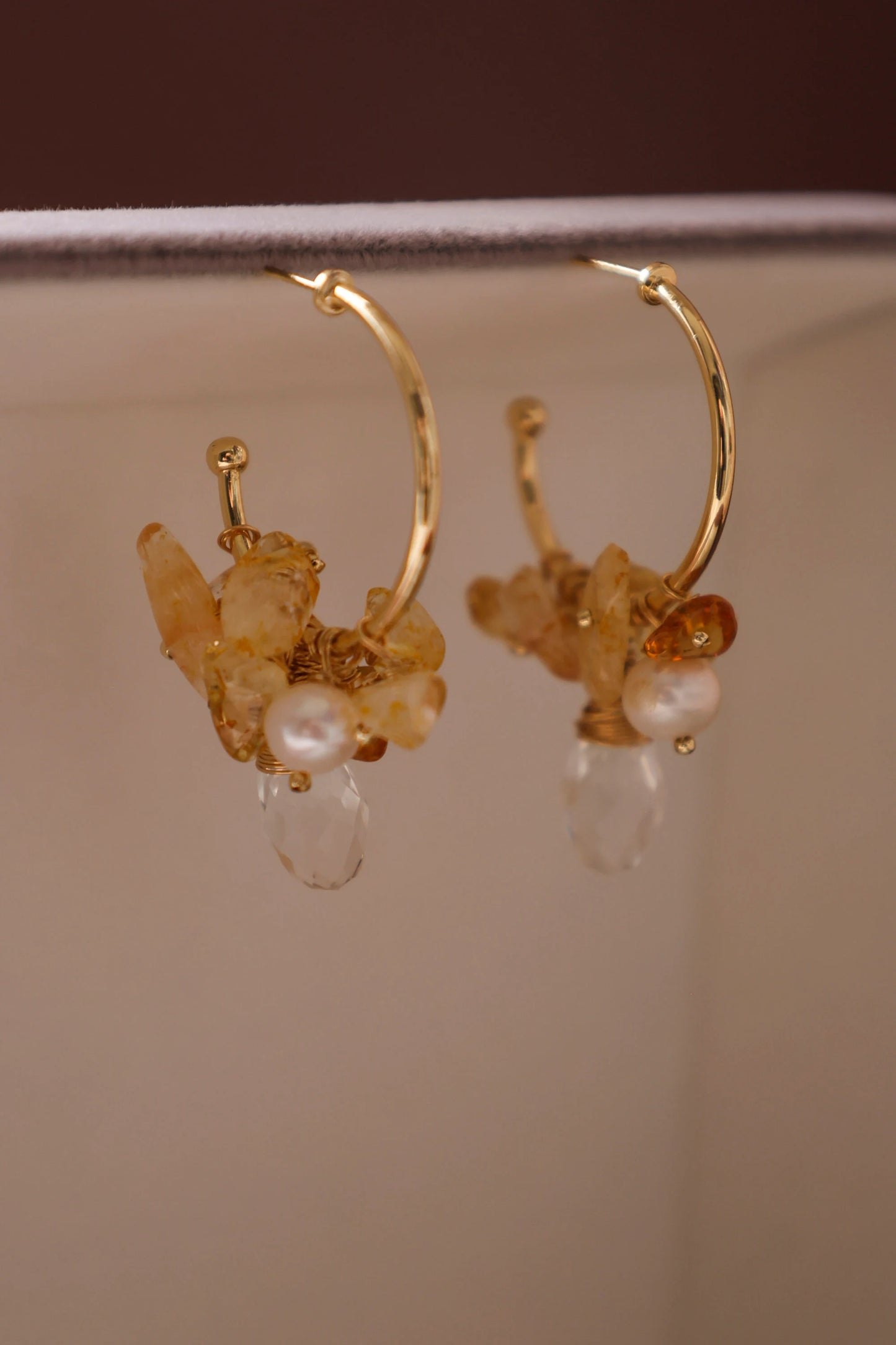 Handmade Gold Hoop Earrings - Crafted with citrine, freshwater pearl
