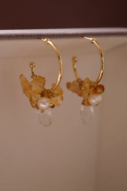 Handmade Gold Hoop Earrings - Crafted with citrine, freshwater pearl