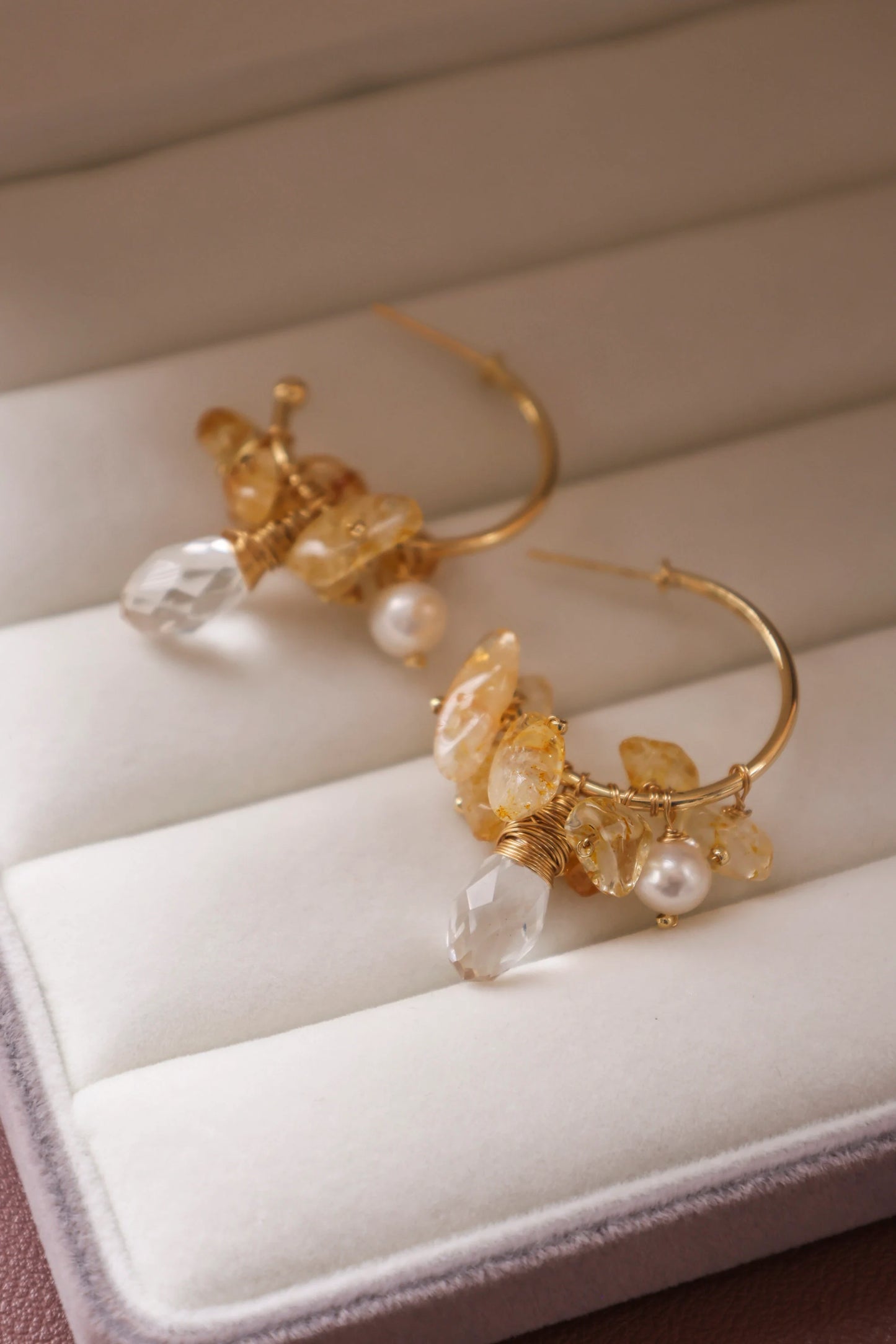 Handmade Gold Hoop Earrings - Crafted with citrine, freshwater pearl