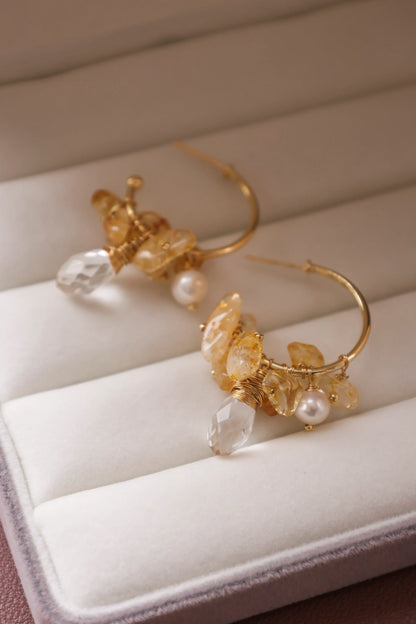 Handmade Gold Hoop Earrings - Crafted with citrine, freshwater pearl