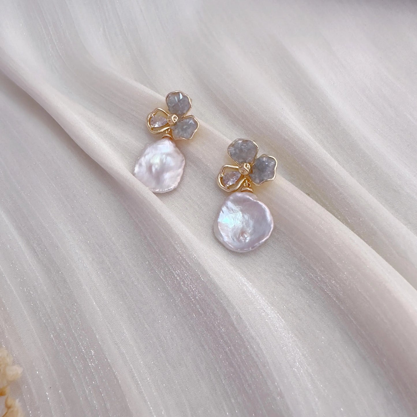 Handmade Baroque Pearl Flower Drop Earrings - Crafted with Brass