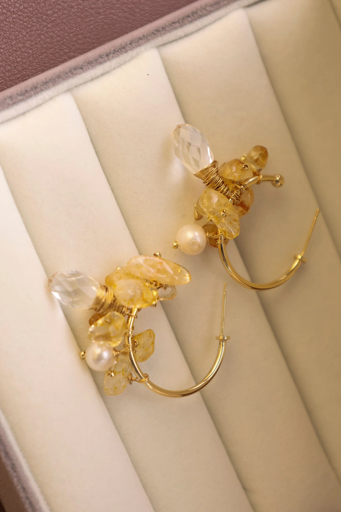 Handmade Gold Hoop Earrings - Crafted with citrine, freshwater pearl