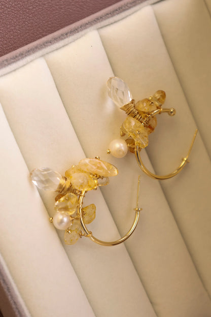 Handmade Gold Hoop Earrings - Crafted with citrine, freshwater pearl